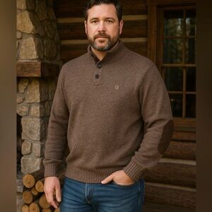Chaps Men's Brown Sweater with Elbow Patches, size XL Henley 100% cotton preppy